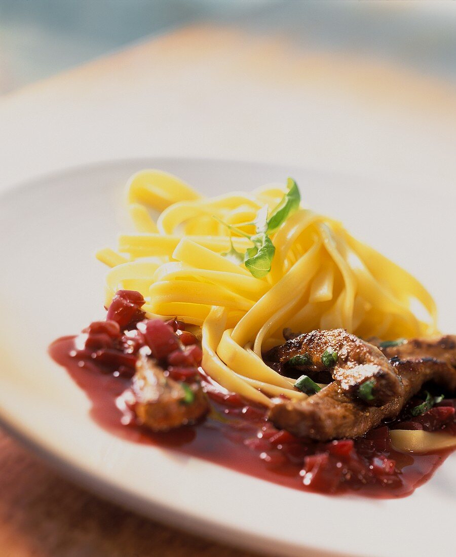 Calf's liver with balsamic onions and tagliatelle