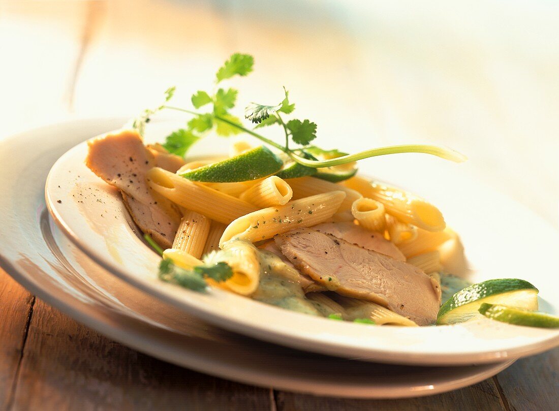 Penne mit Hähnchenbrustfilet in Koriander-Kokos-Sauce