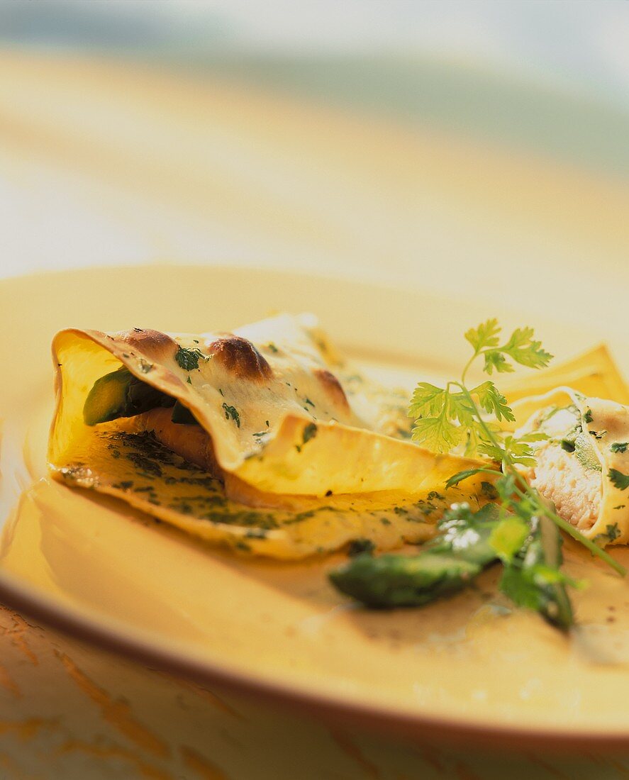 Lasagneblätter mit grünem Spargel und Lachsforellenfilets