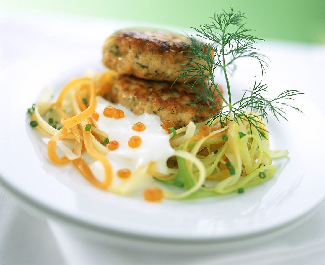 Salmon frikadelle on vegetable spaghetti