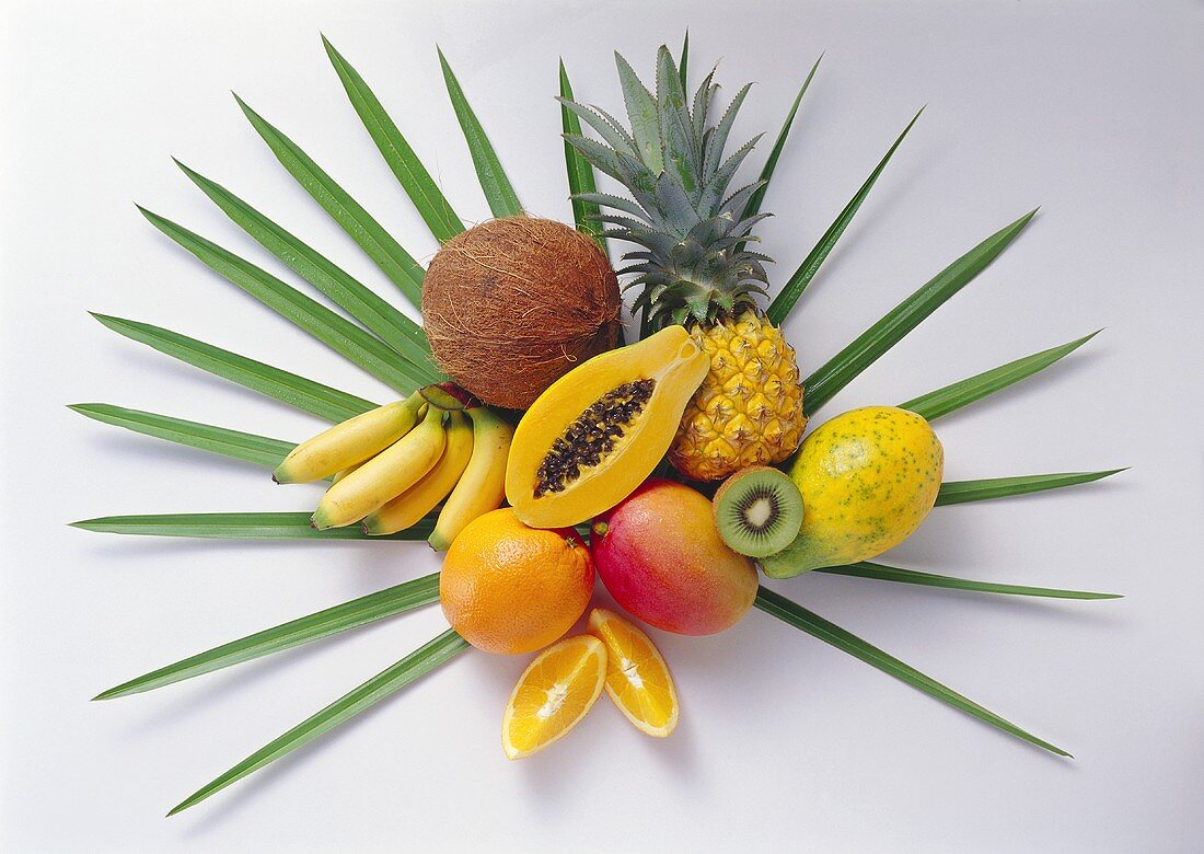 Still life with exotic fruit on palm leaf