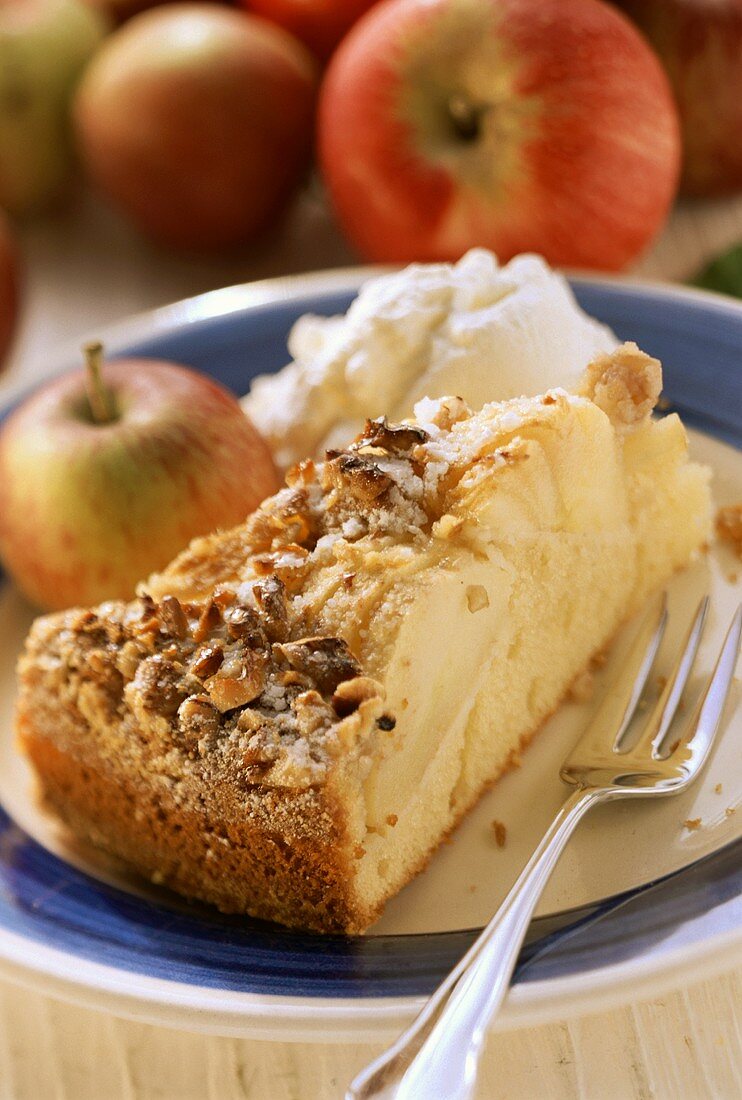 A piece of apple cake with nuts
