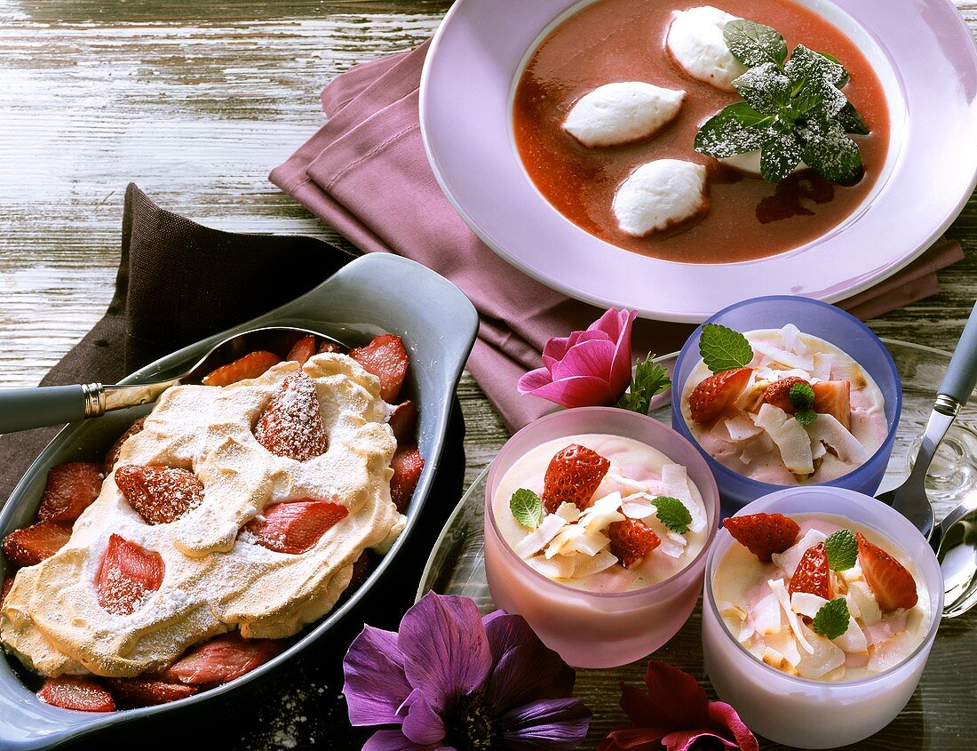 Strawberry mousse and soup; strawberry & rhubarb meringue