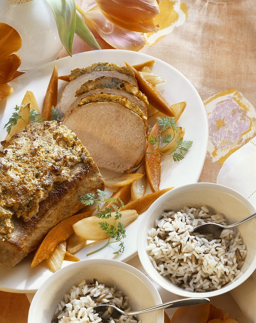 Roast pork chine with almond and chervil crust