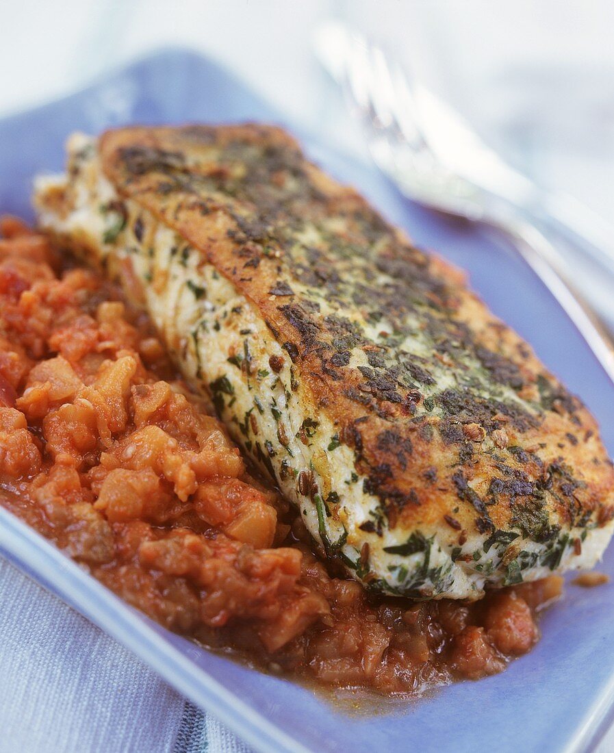 Kabeljaufilet mit Kräuterkruste auf Gemüseragout