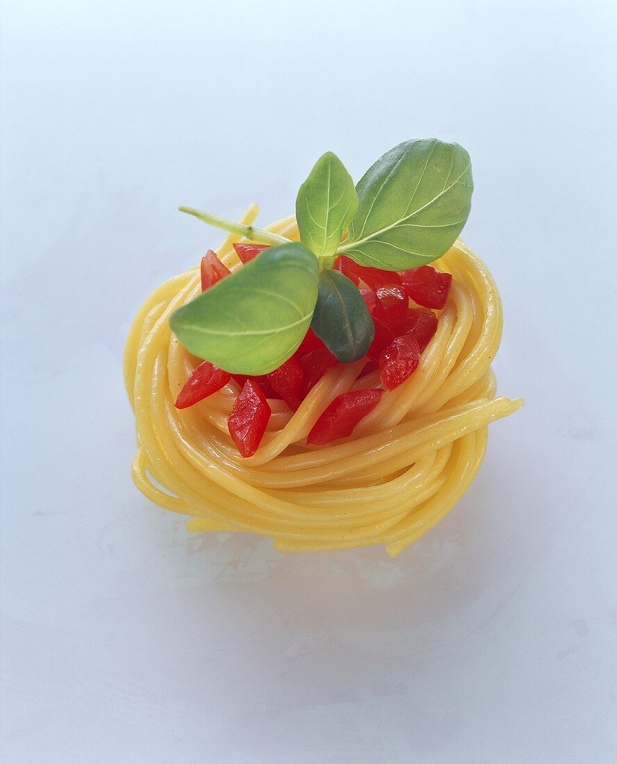 A spaghetti nest with diced tomatoes and basil