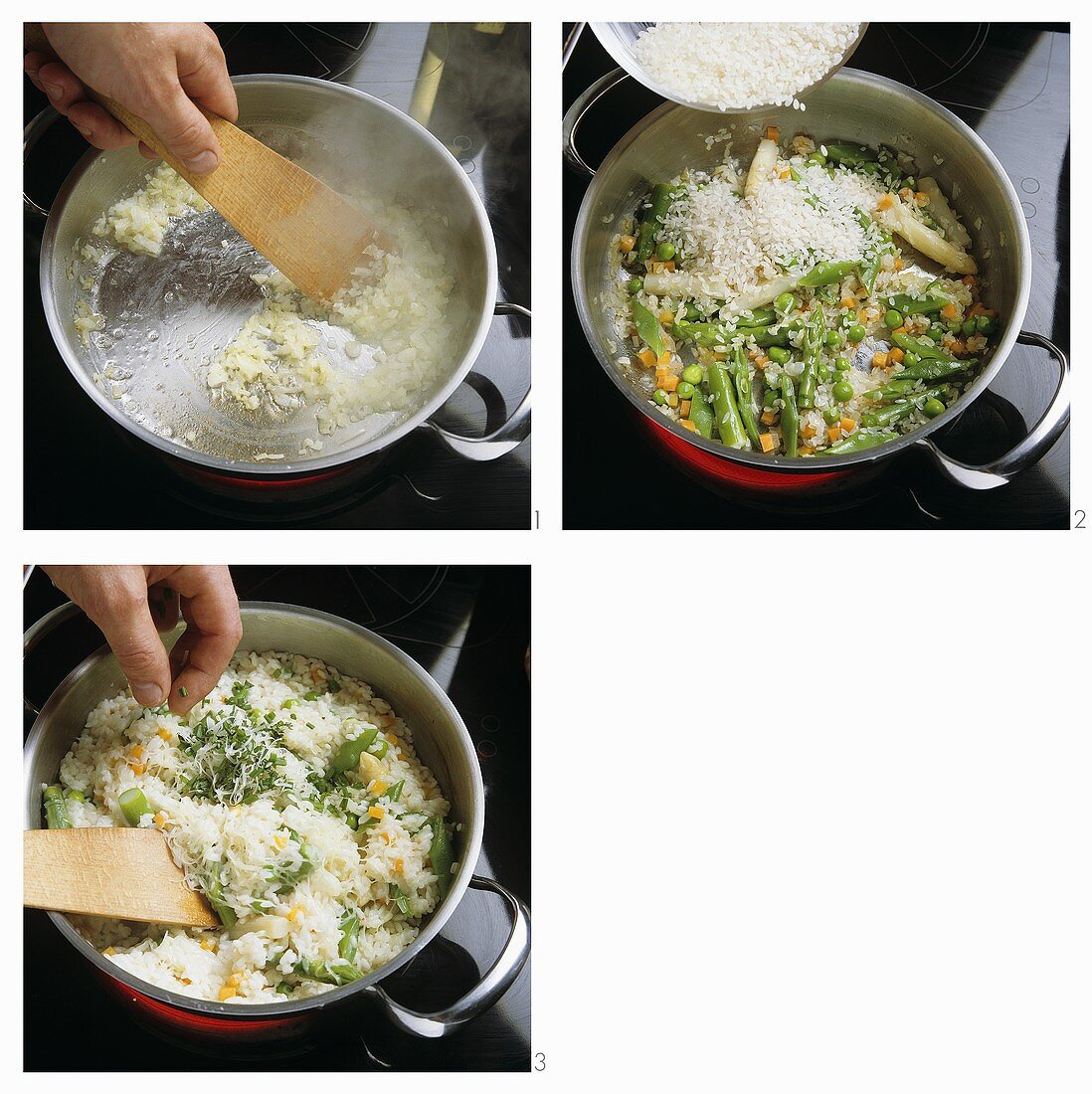 Making vegetable rice with green and white asparagus