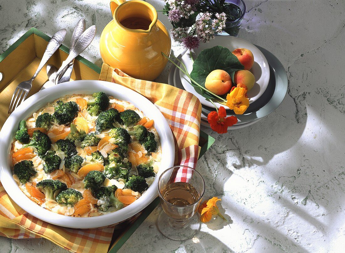 Broccoli & goat's cheese gratin with apricots & flaked almonds