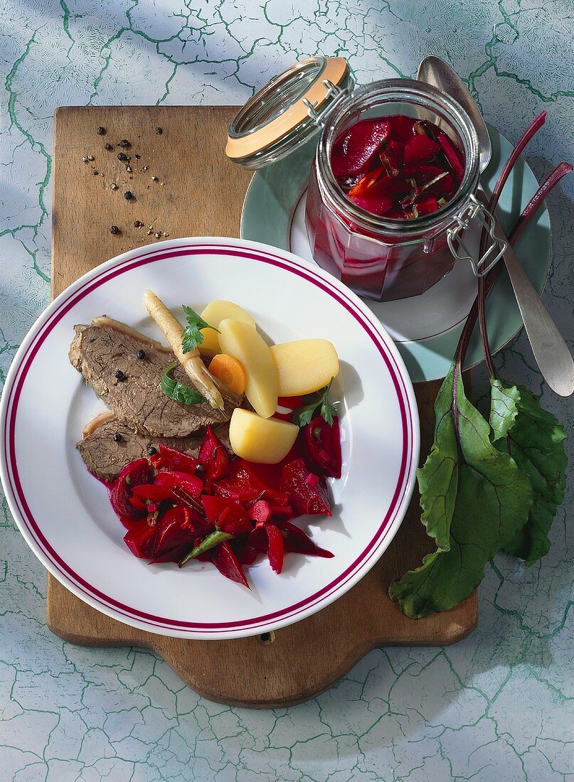 Boiled beef, beetroot pickles, potatoes & root vegetables 