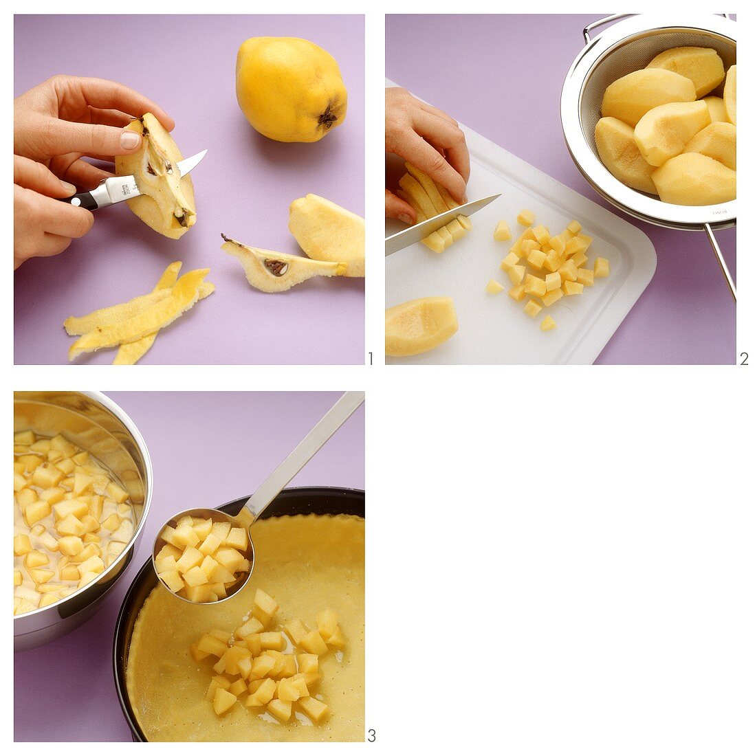 Peeling and dicing quinces and covering a cake base with them