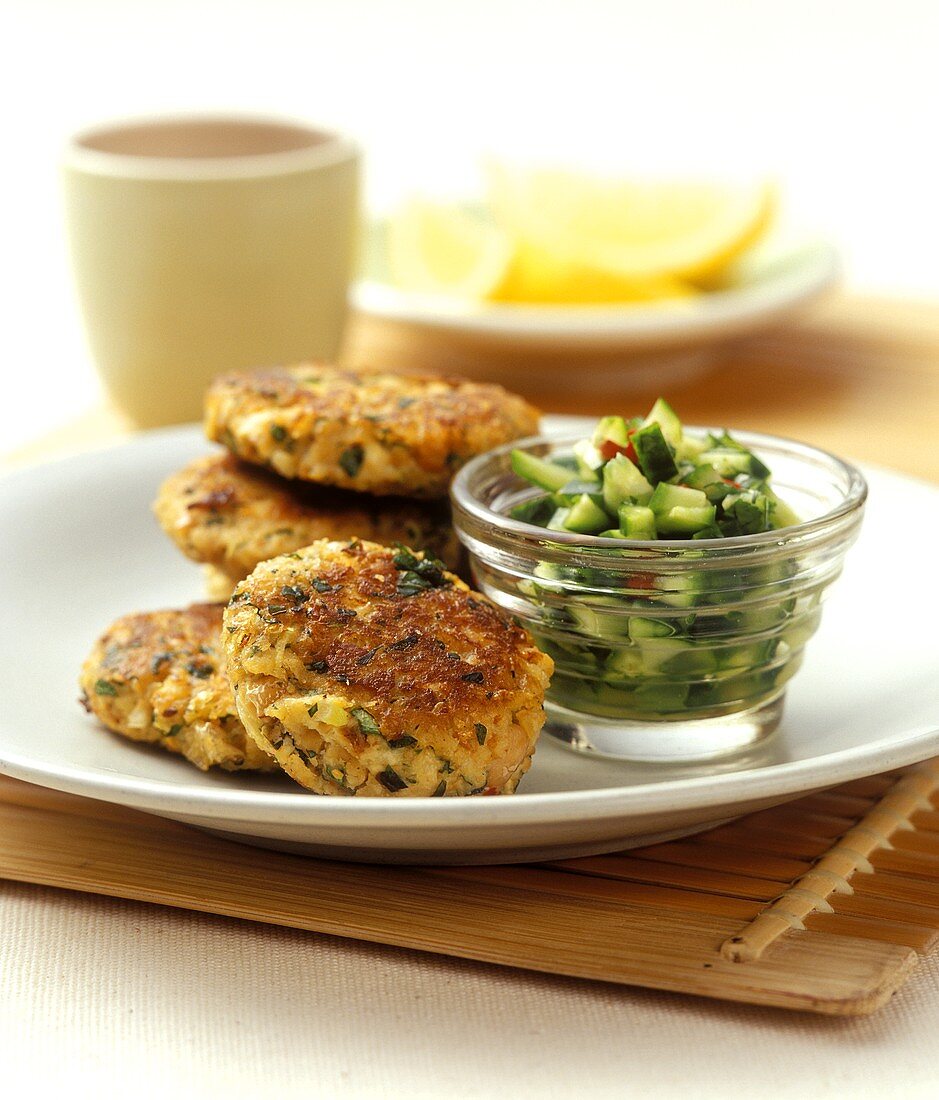 Fish cakes with spicy cucumber salad