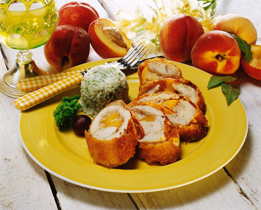 Breaded chicken breast with peach stuffing