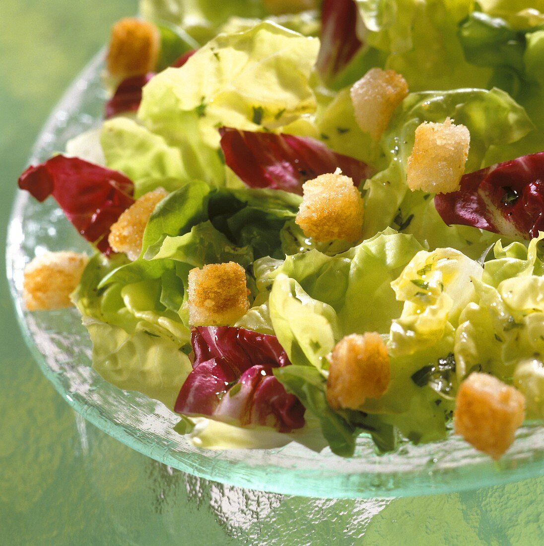 Gemischter Blattsalat mit Croûtons und Kräuterdressing