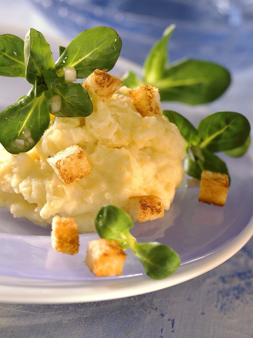 Mashed potato with truffle oil, croutons and corn salad