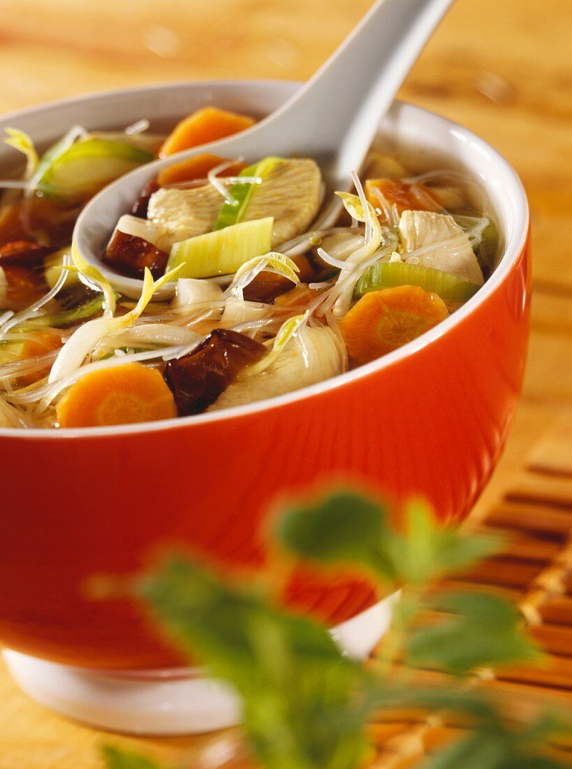 Chinesischer Hähnchen-Gemüse-Topf mit Glasnudeln