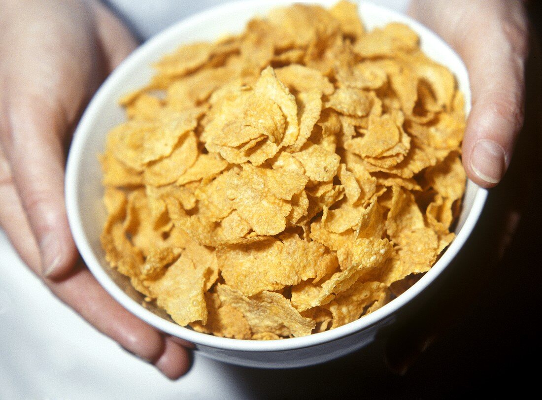 Hands holding bowl of cornflakes