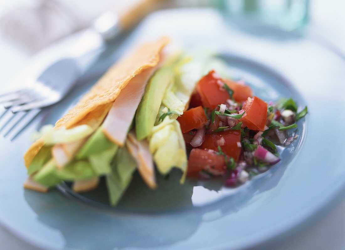 Taco-Shell mit Putenbrust, Avocado und Tomatensalsa