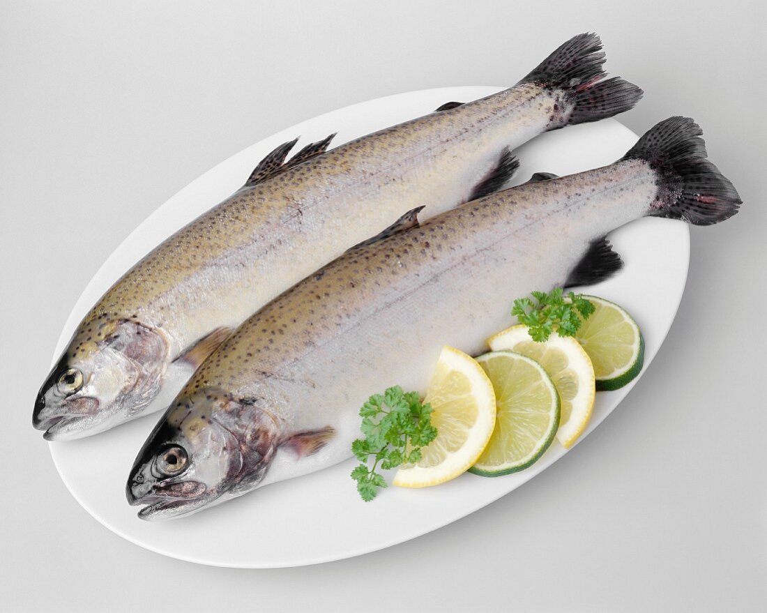 Two trout with slices of lemon and lime