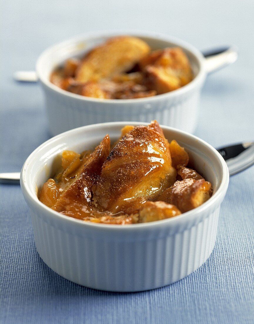Apricot bread pudding in souffle dishes