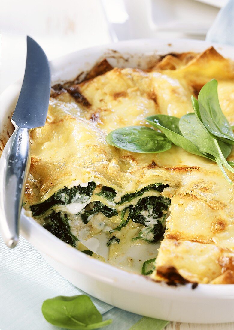 Spinach lasagna in the dish with knife