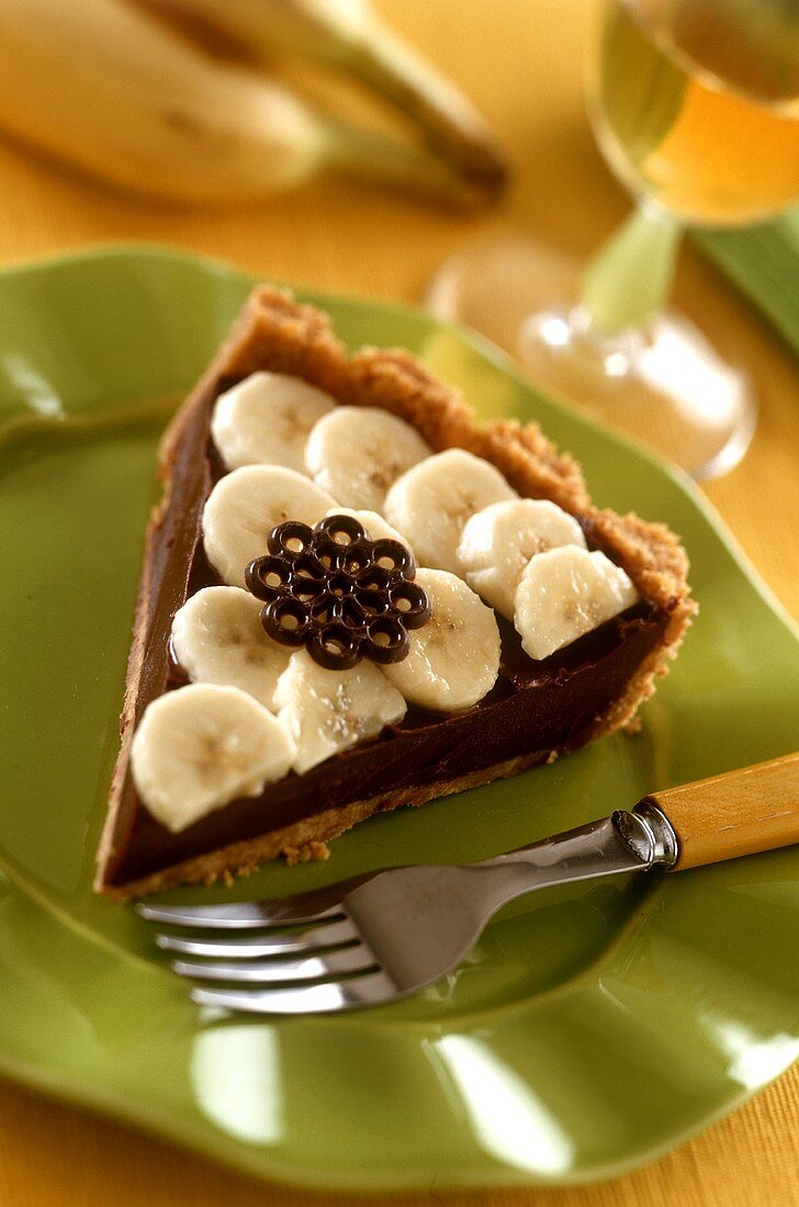 A piece of chocolate tart with banana slices on plate