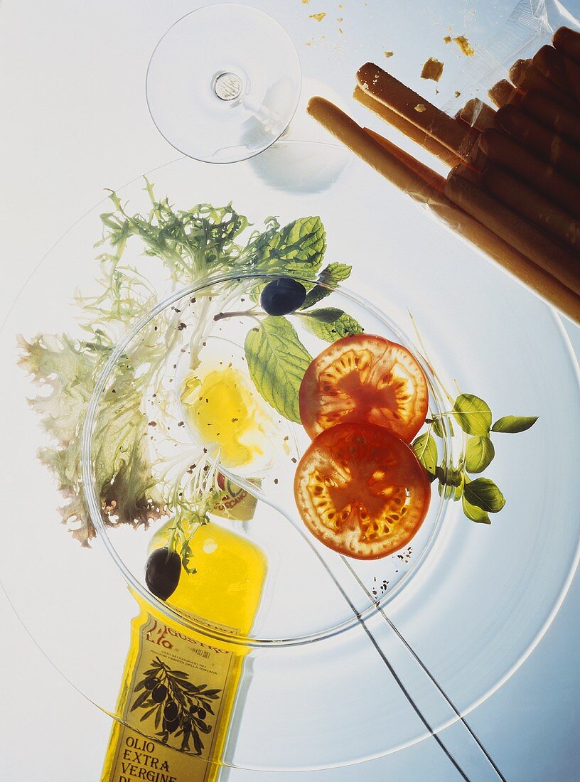 Clear Glass Plate with Salad and Tomatoes