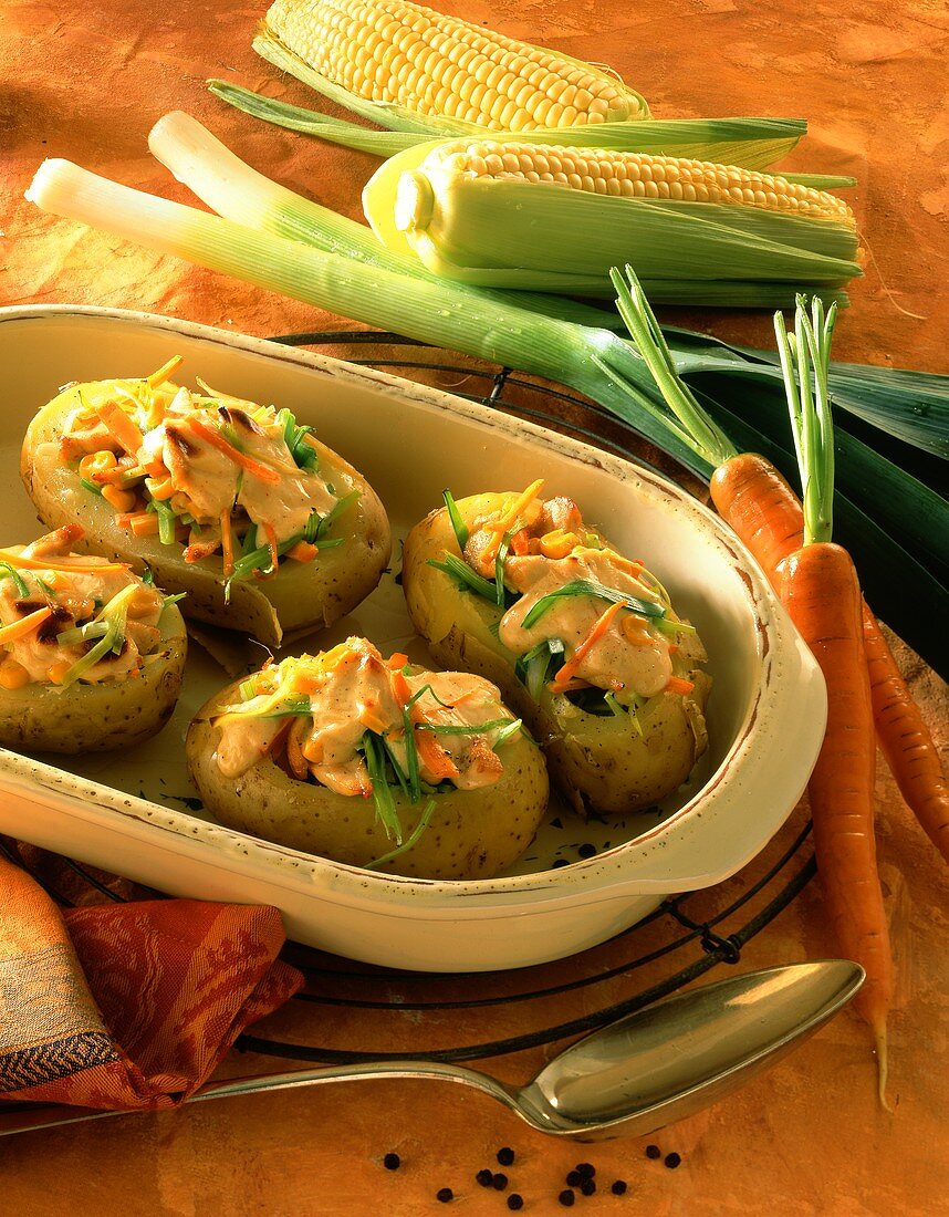 Potatoes au gratin stuffed with vegetables & chicken breast