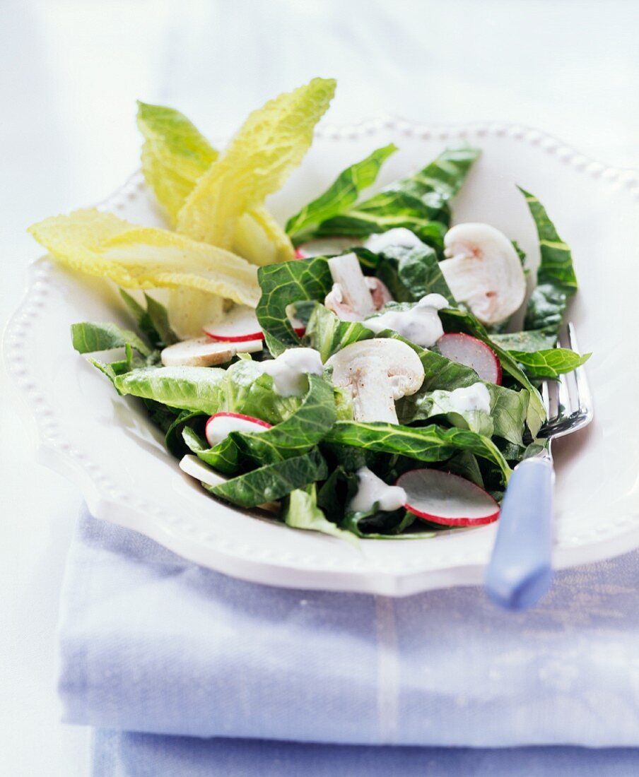 Romaine lettuce with cheese dressing & button mushrooms