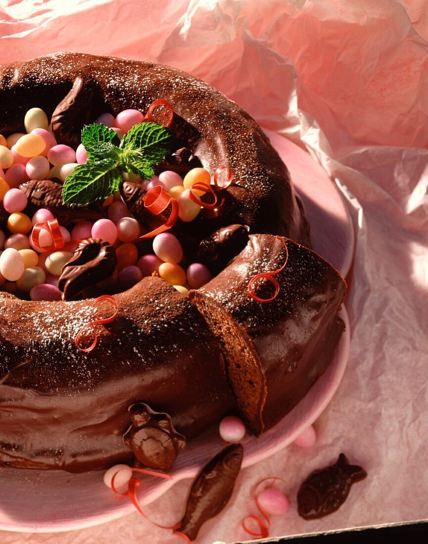 Chocolate wreath with coloured sugar eggs for Easter, France