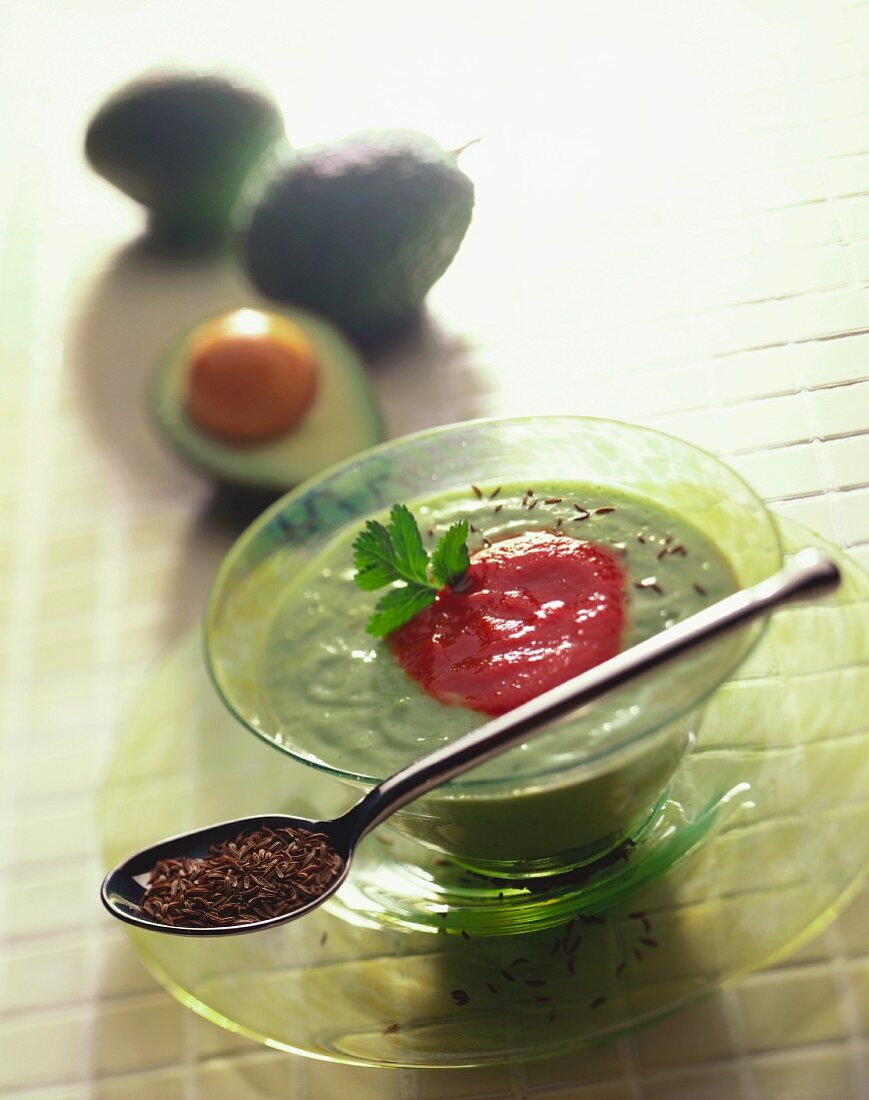 Creamed avocado soup with caraway