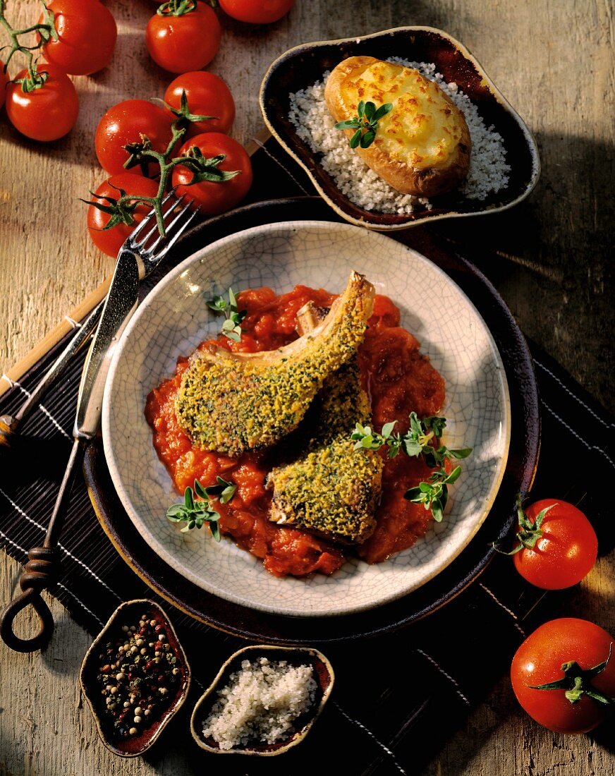 Lamb cutlets with herb crust on fresh tomato sauce