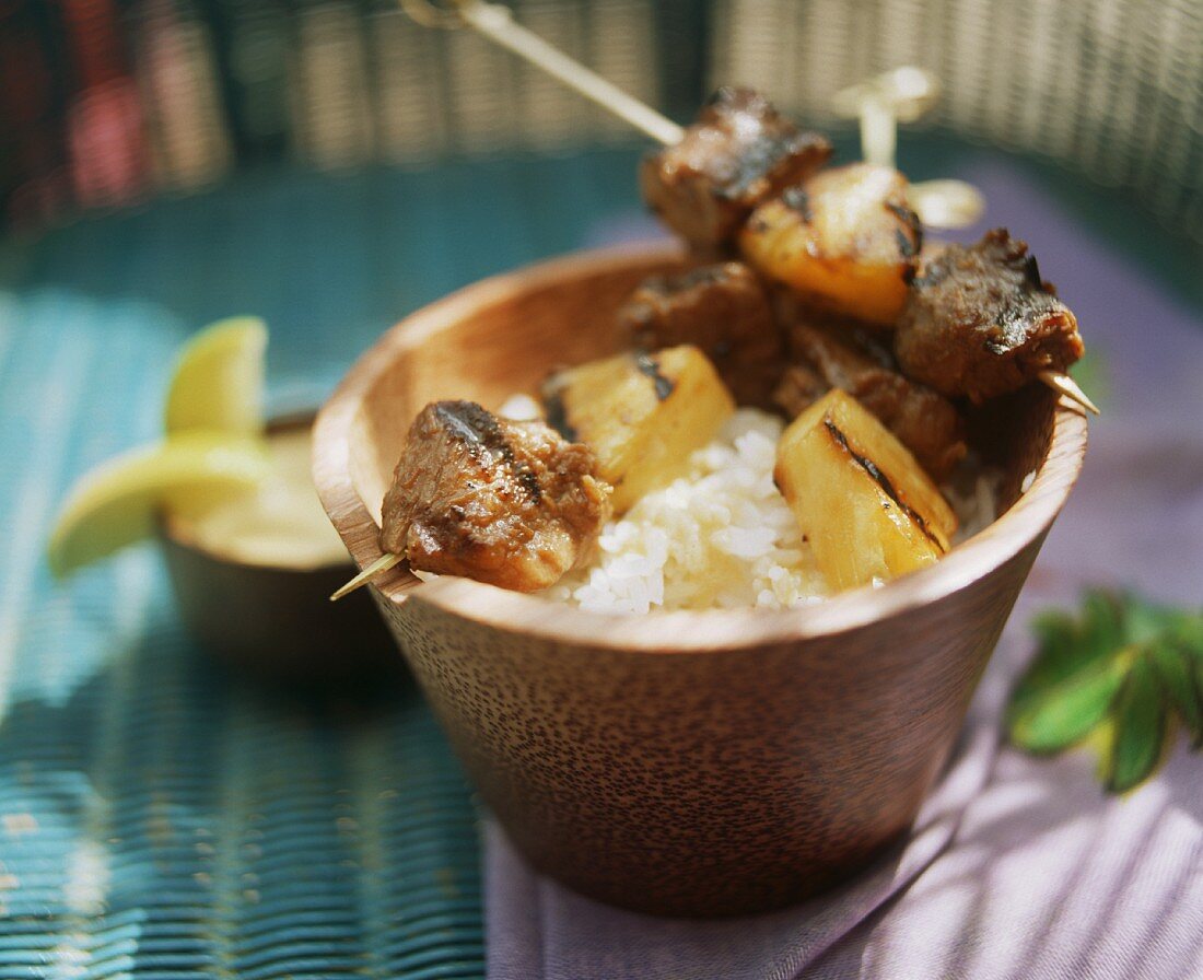 Barbecued lamb and pineapple kebabs with lime sauce