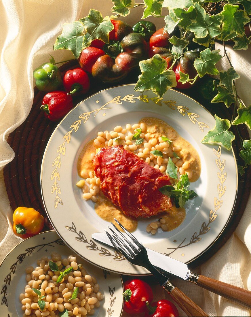 Fried chorizo slices with white beans