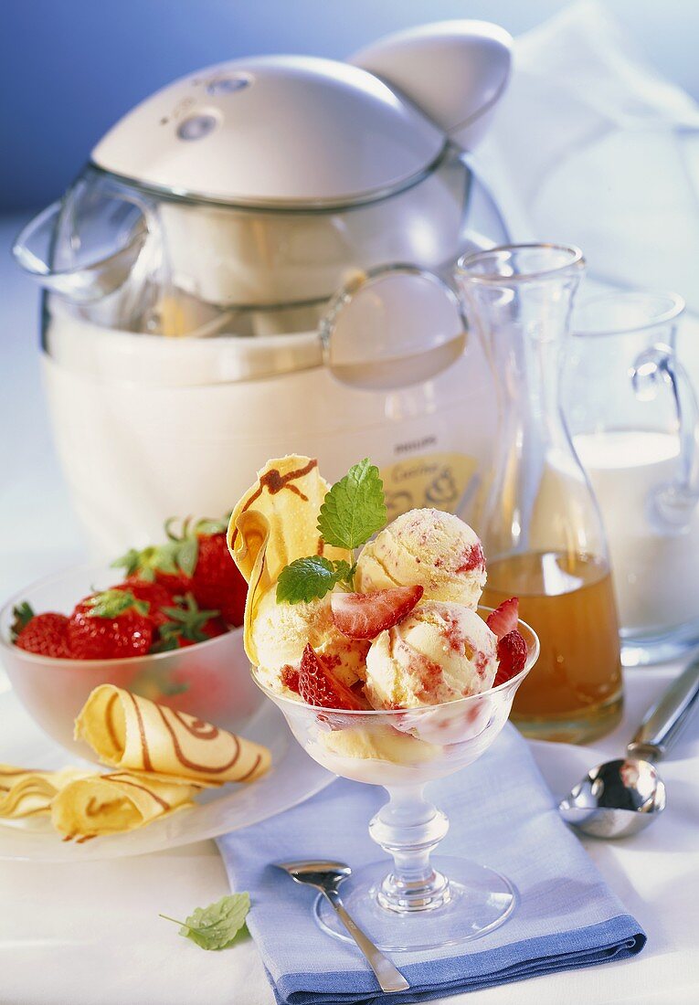 Elderflower syrup and strawberry ice cream