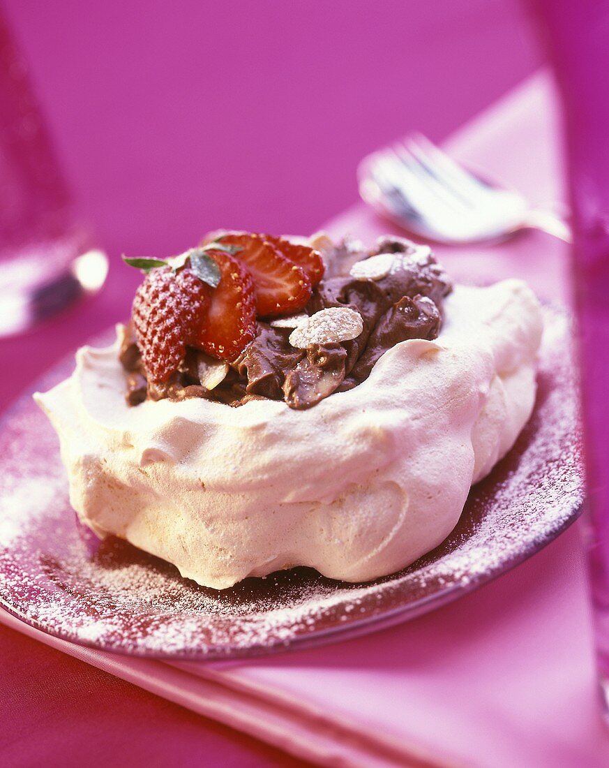 Meringue with chocolate cream, strawberries & almonds
