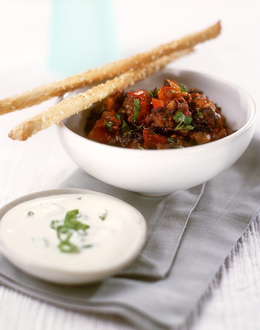 Ratatouille with sesame sticks and yoghurt dip