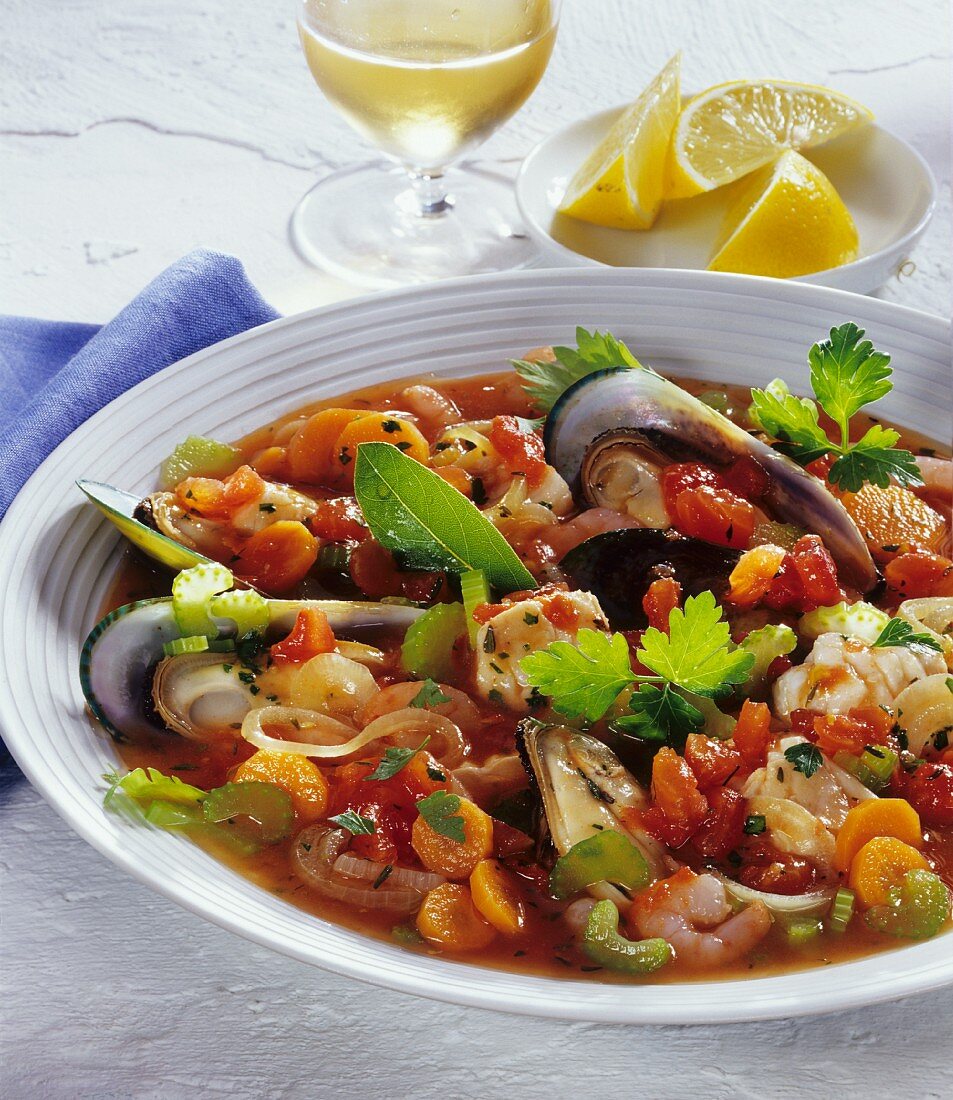 Fish and seafood stew with vegetables