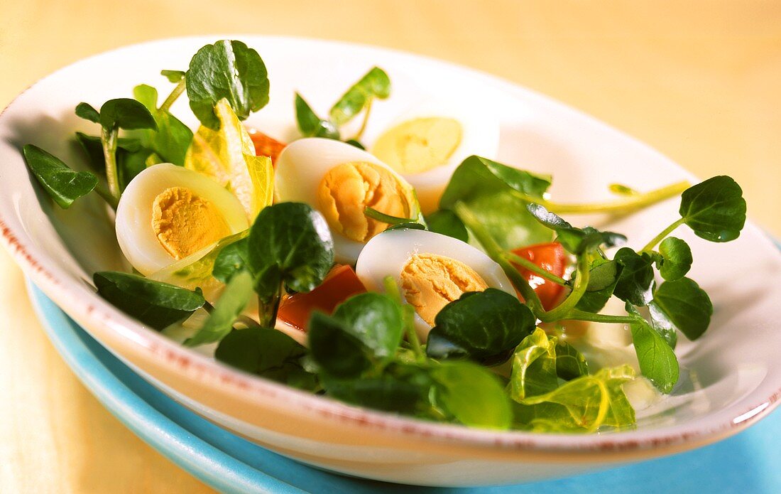 Watercress salad with quail's eggs