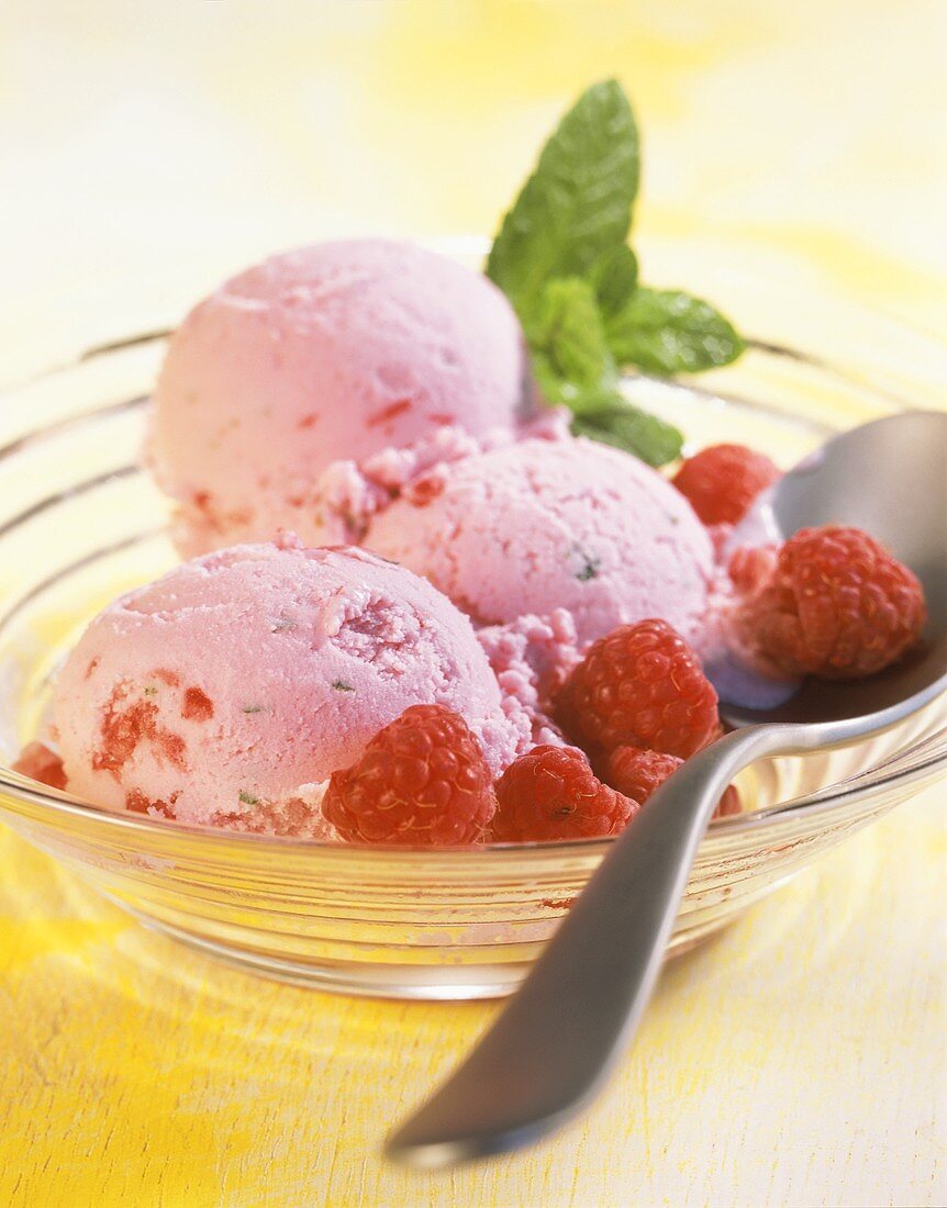 Raspberry ice cream with lavender honey and lemon balm
