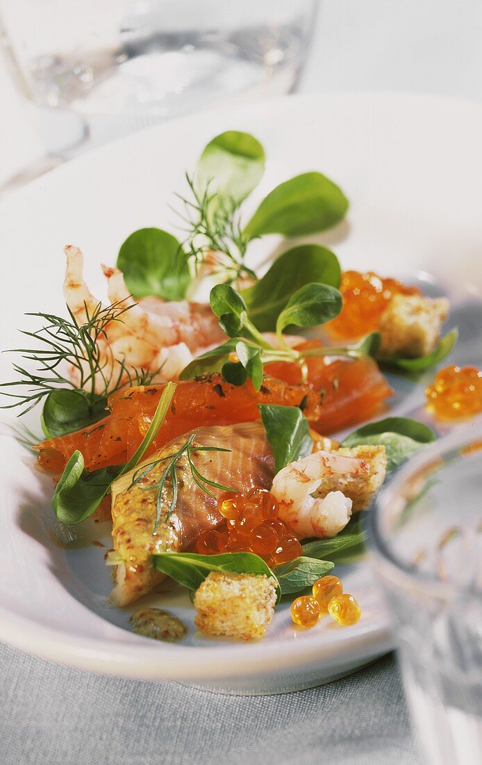 Fisch-Meeresfrüchte-Teller mit Feldsalat