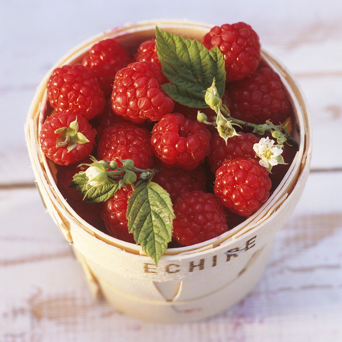 Himbeeren mit Blättern und Blüten im Spankörbchen