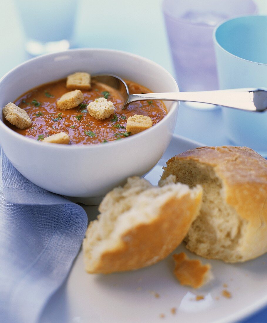 Cold tomato soup with croutons