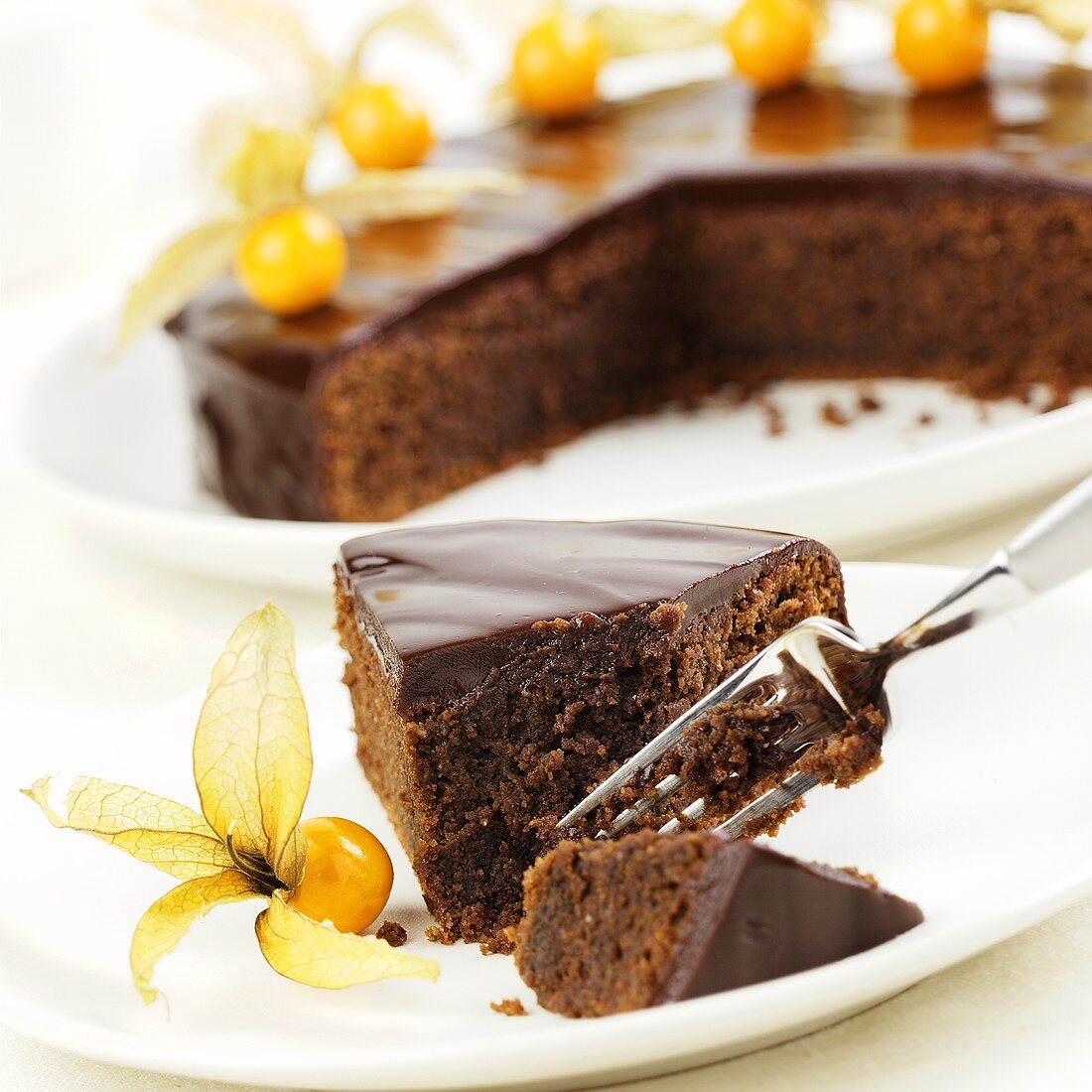 A piece of Sacher torte with physalis