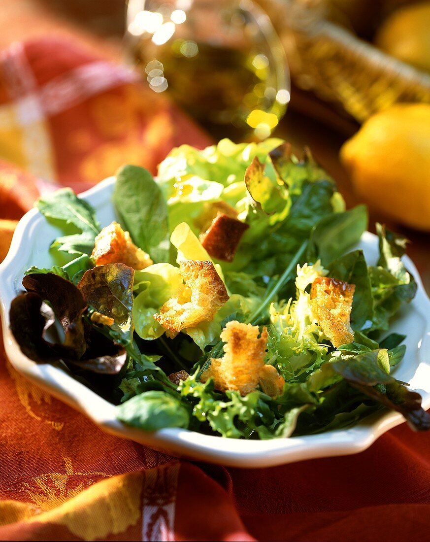 Mixed salad leaves with croutons