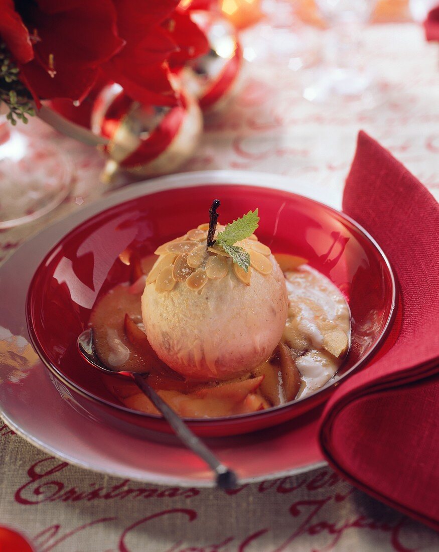 Baked apple parfait with caramel cream sauce