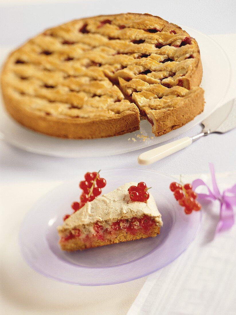 Redcurrant meringue cake and Linzer tart with plums