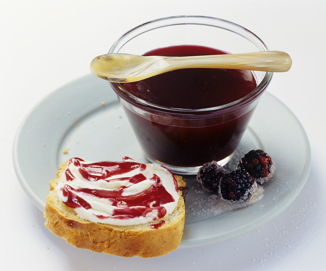 Blackberry jam & a blackberry jam & soft cheese sandwich
