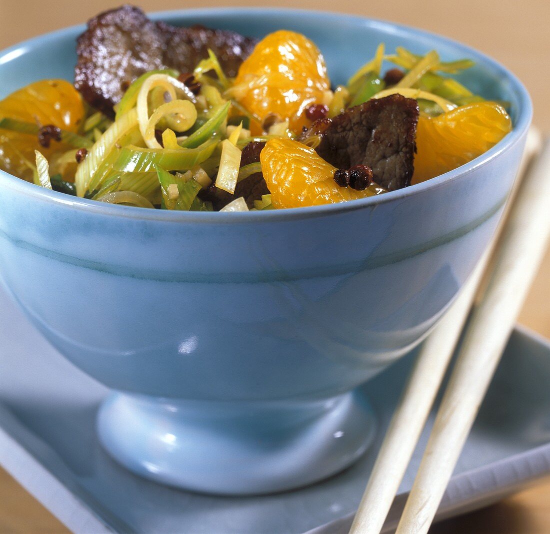 Beef with mandarin oranges from the wok