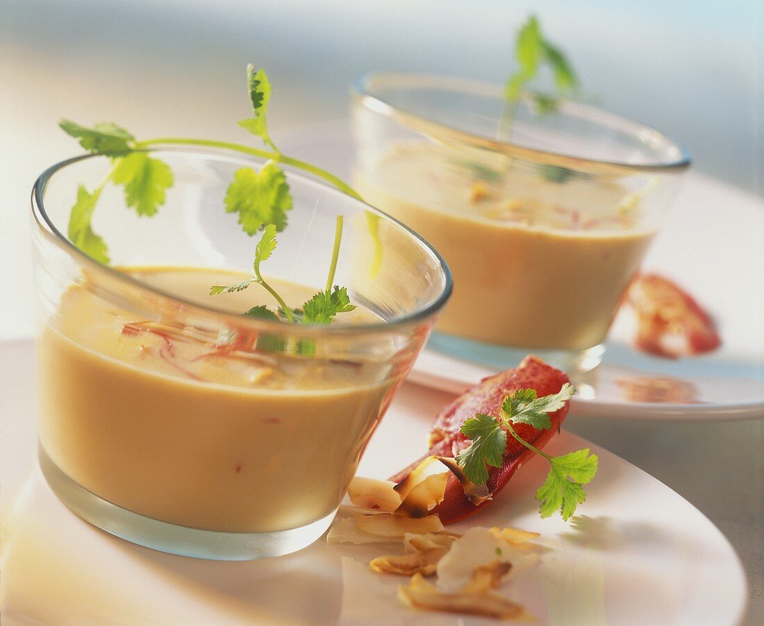 Creamy lobster and lemon grass soup with coriander leaves