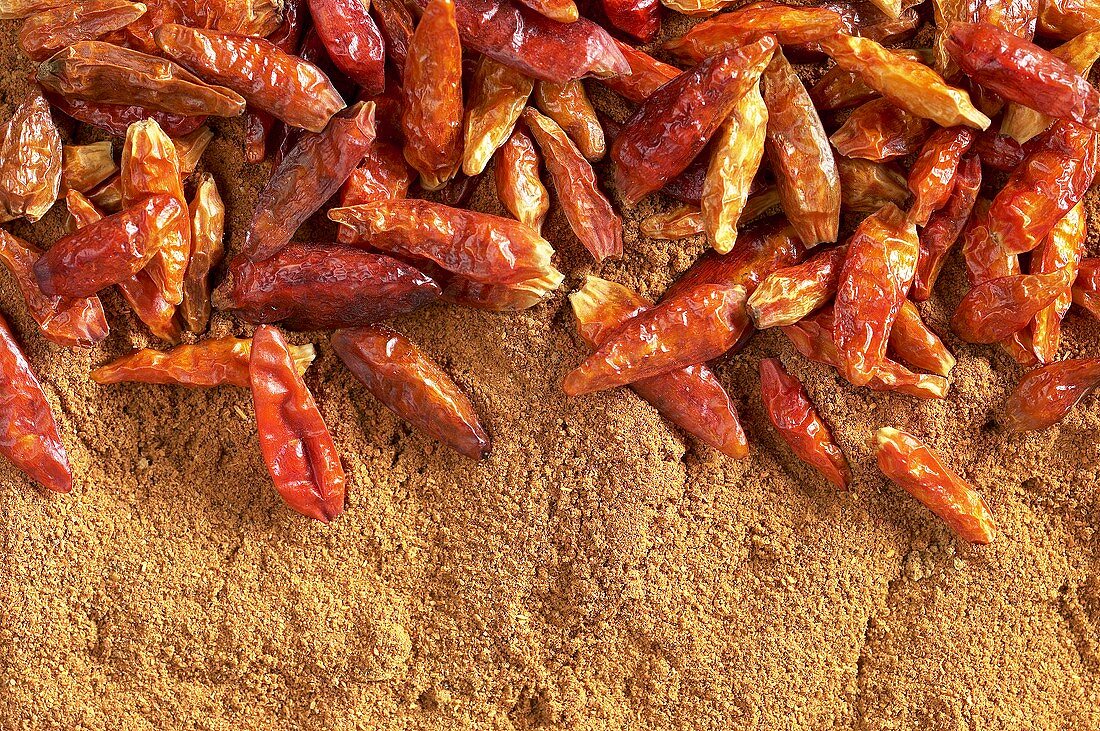 Dried chili peppers on chili powder